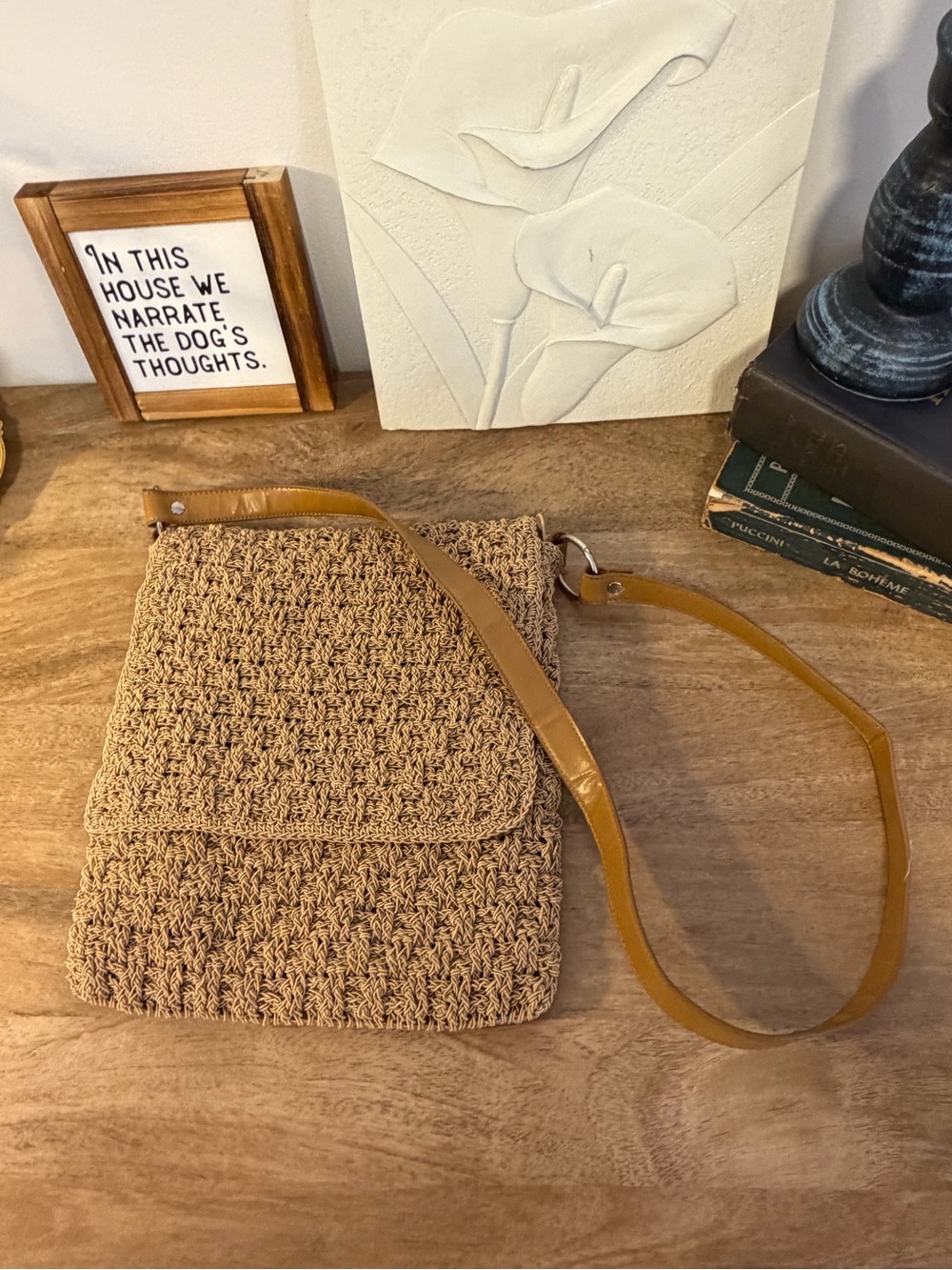 Neutral Woven Crochet Shoulder Bag Tan Strap Boho Y2K Crossbody Purse